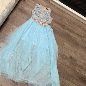 Girls Light Blue Tulle Party Dress with Embellished Bodice